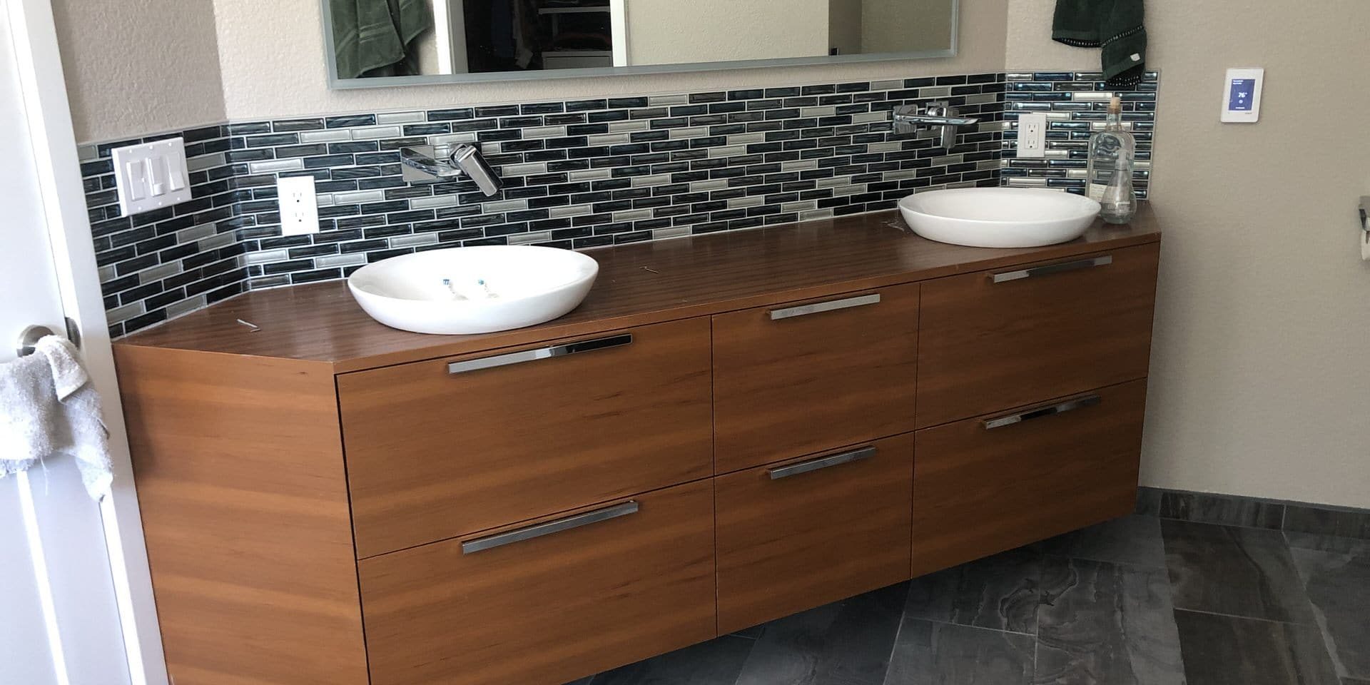 Steam shower bath, heated tile floor backsplash